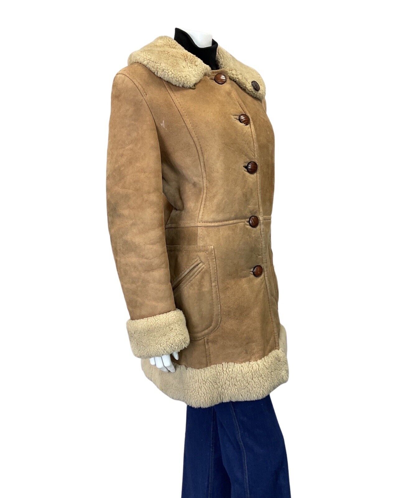 VINTAGE 60s 70s SAND BROWN CREAM SUEDE LEATHER BOHO MOD SHEARLING COAT 14 16