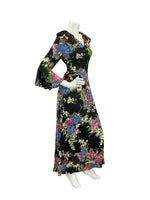 VTG 70S HYDRANGEA FLORAL BLACK PINK BLUE MAXI DRESS 8 10