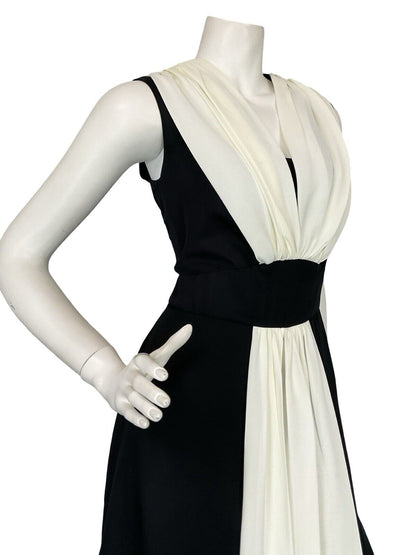 VTG 60S BLACK WHITE FLOATY RUCHED GRECO ROMAN EVENING MAXI DRESS M 12 14