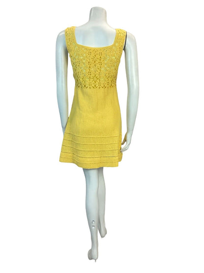 VTG 60S MOD GOGO BEACH HOLIDAY CROCHET MINI SUN DRESS YELLOW 6 8