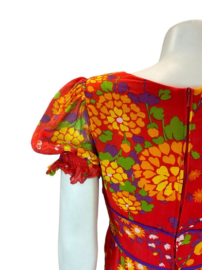 VTG 70S PSYCHEDELIC FLORAL DAISY EMPIRE MAXI DRESS RED ORANGE YELLOW PURPLE 8