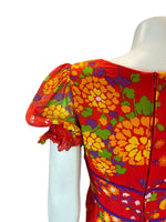 VTG 70S PSYCHEDELIC FLORAL DAISY EMPIRE MAXI DRESS RED ORANGE YELLOW PURPLE 8