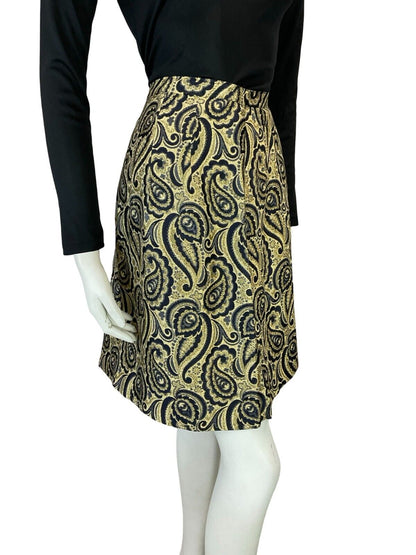 VTG 60S MOD BOHO GOLD BLACK METALLIC PAISLEY PARTY EVENING MINI SKIRT 10