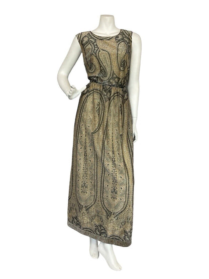 VTG 60S 70S CREAM GOLD BLACK PAISLEY BOHO HIPPY EVENING PARTY MAXI DRESS 12