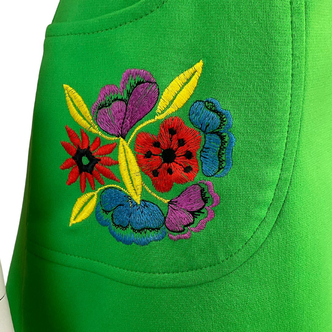 VTG 60s 70s BRIGHT GREEN SLEEVELESS BOHO SMOCK EMBROIDERED PINNY DRESS 10 12