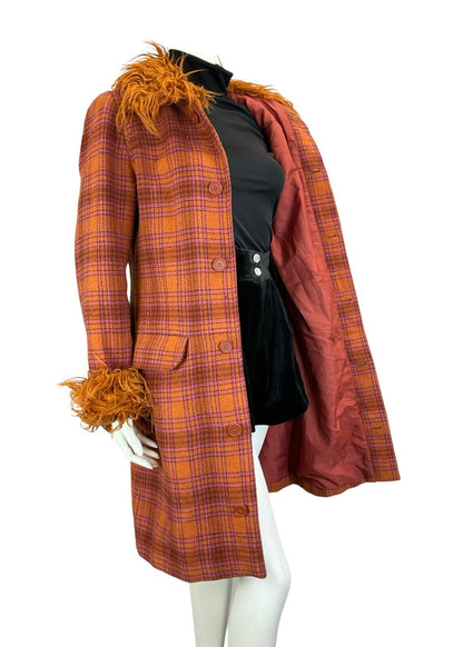 VTG 60S MOD PINK ORANGE FAUX FUR CHECKED TARTAN COAT SIZE 10 12