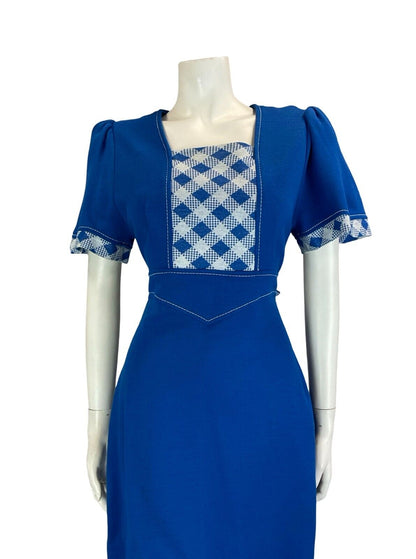 VTG 60S BRIGHT BLUE CHECKED SHORT SLEEVE TIE WAIST BOW MINI DRESS SIZE 12