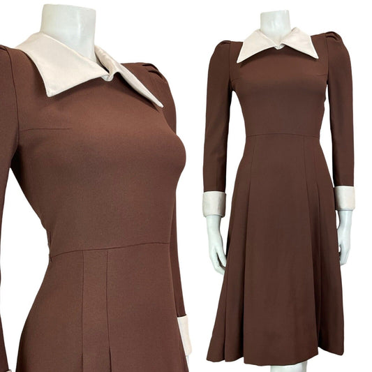 VTG 70S BROWN WHITE WING COLLAR PLEATED LONG SLEEVE MIDI DRESS SIZE 6