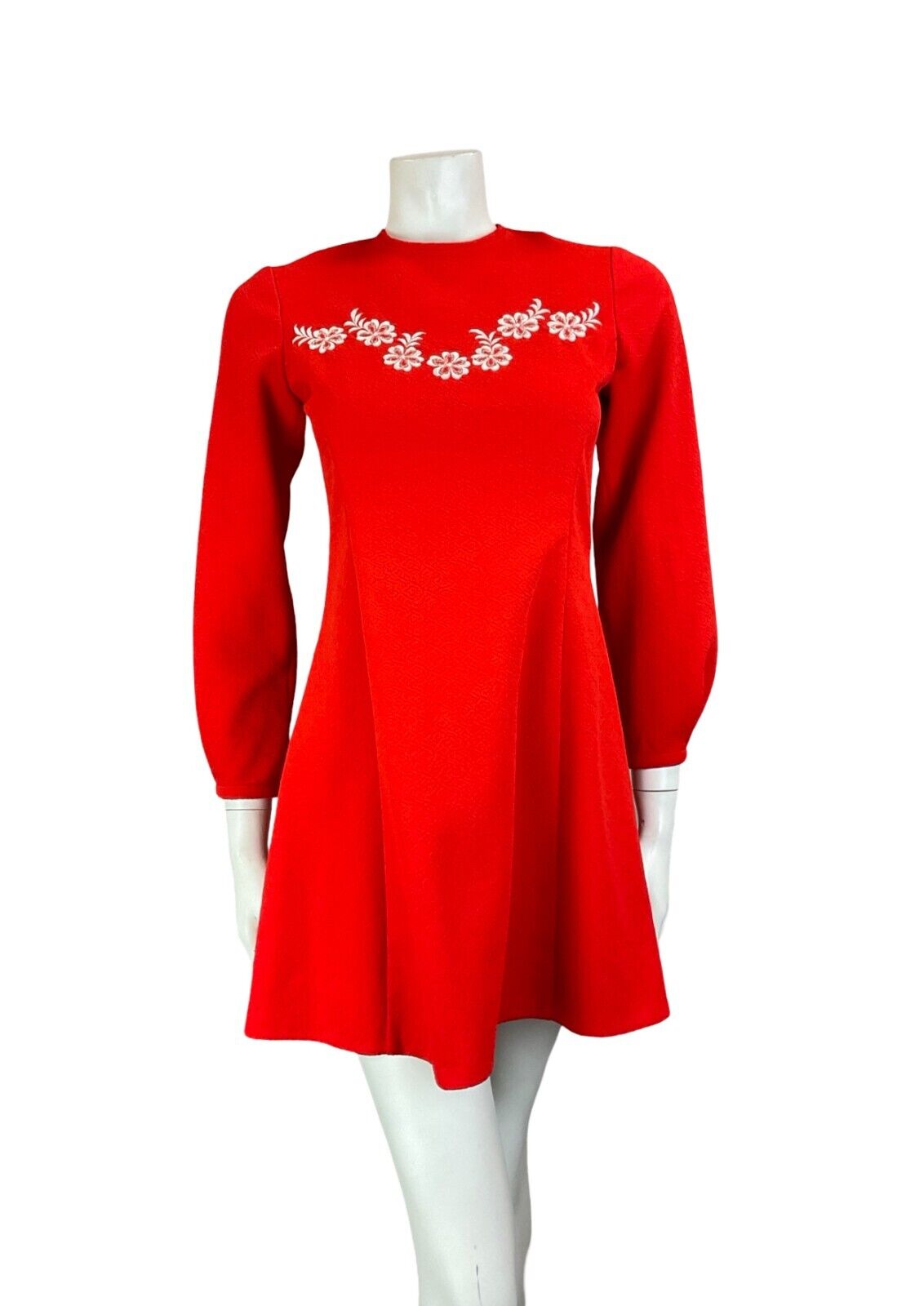 VTG 60S RED WHITE MOD GOGO FLOWER EMBROIDERED WESTERN LONG SLEEVE MINI DRESS 6