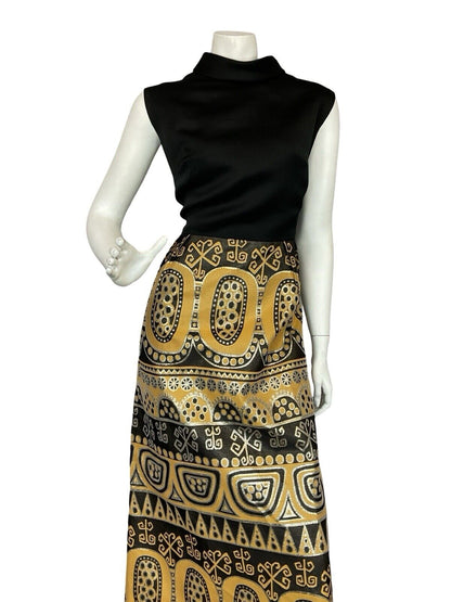 VTG 60S 70S AZTEC HIPPY BLACK GOLD YELLOW METALLIC SLEEVELESS MAXI DRESS 14