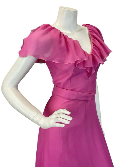 VTG 60S 70S HOT BARBIE PINK RUFFLE V-NECK MAXI DRESS 8 10