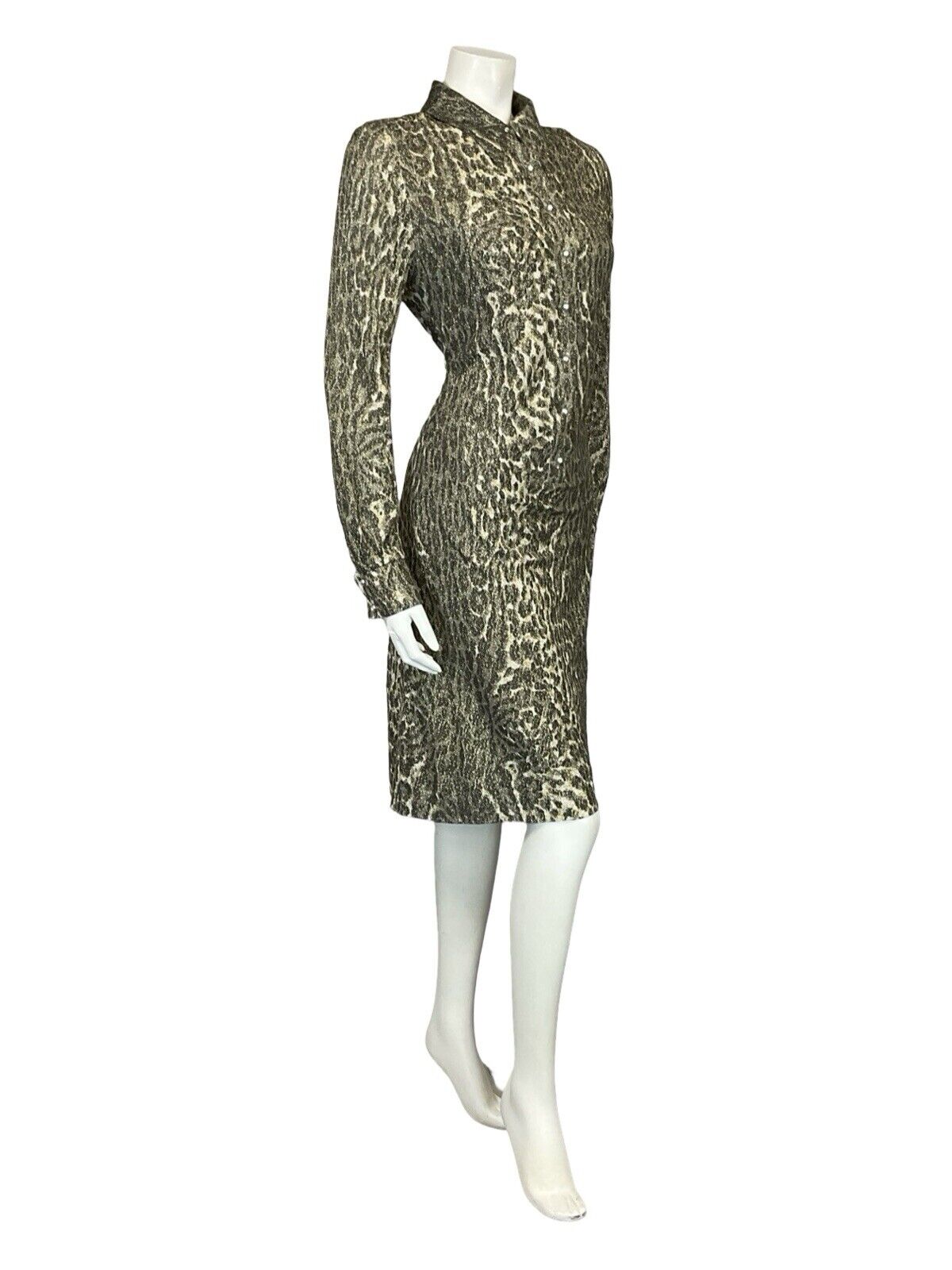 VTG 70S DISCO PARTY LUREX GOLD LEOPARD PRINT LONG SLEEVE MIDI SHIRT DRESS 12