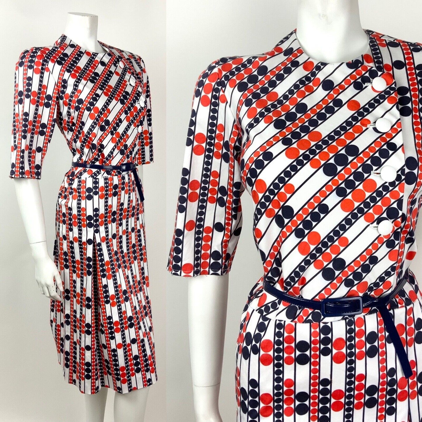 VINTAGE 60s 70s WHITE BLUE RED DOTTY STRIPED BELTED MOD DRESS 10 12