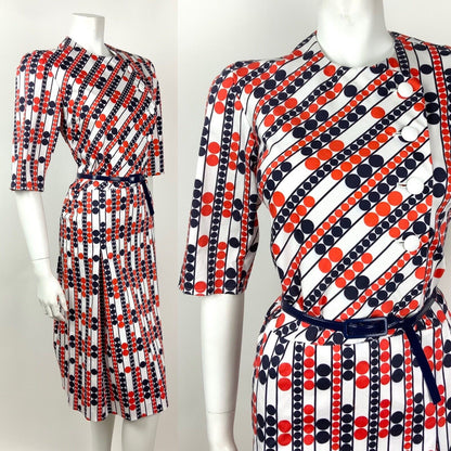 VINTAGE 60s 70s WHITE BLUE RED DOTTY STRIPED BELTED MOD DRESS 10 12