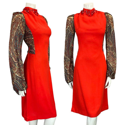 VTG 60S 70S RED CREAM BEADED PSYCHEDELIC PAISLEY LUREX LONG SLEEVE DRESS 4