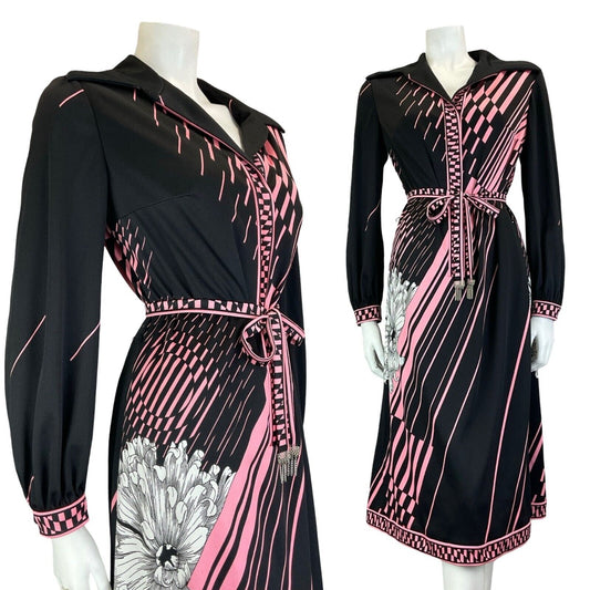 VTG 70S BLACK PINK GEOMETRIC JOHHNY COLLAR WHITE FLOWER BELT DRESS SIZE 14