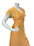 VTG 70S APRICOT CHIFFON ORANGE RUFFLE PROM PARTY CAPE MAXI DRESS 6 8