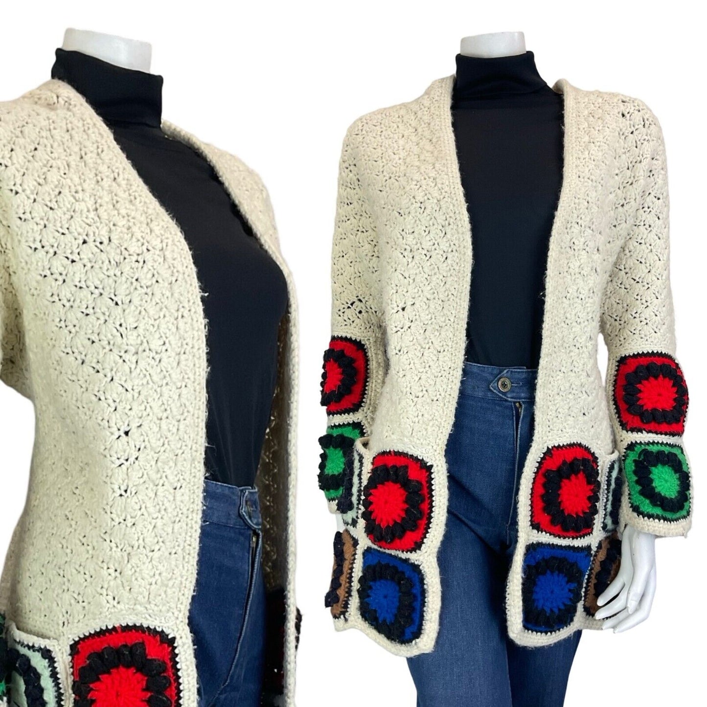 VTG 70S HAND KNIT CROCHET PATCHWORK RED BLUE CREAM NORDIC SCANDI CARDIGAN 10 12