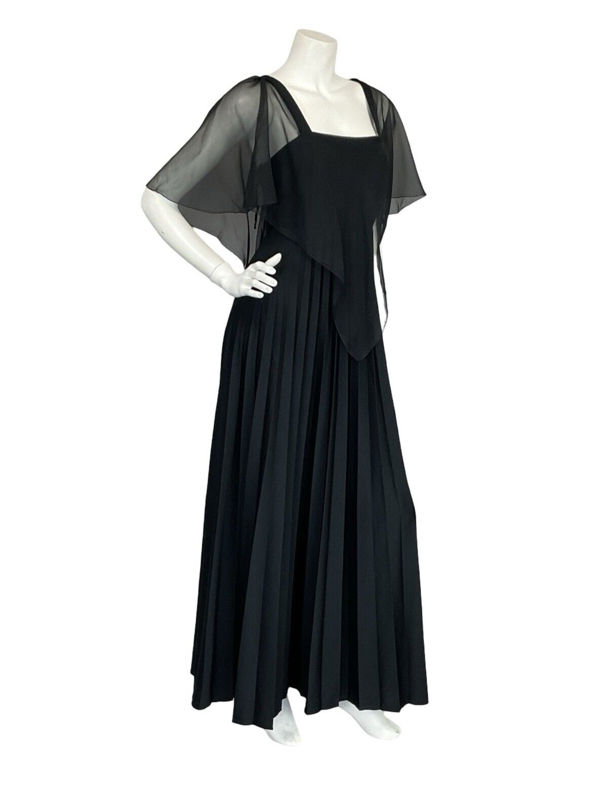 VTG 70S PETERSON MAID OF LONDON BLACK MESH CAPE PLEATED EVENING MAXI DRESS 10