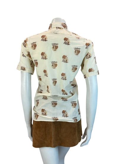 VTG CREAM BROWN WOODLAND MUSHROOM SHORT SLEEVE DAGGER COLLAR SHIRT 10