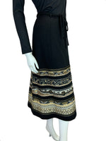 VTG 70S HIPPY BOHO BLACK GOLD BROWN FLORAL TRIM EMBROIDERED RIBBON MIDI SKIRT 10