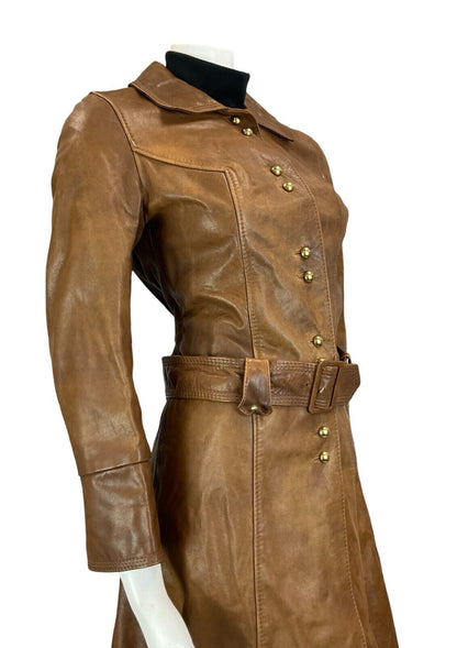 VTG 60S MILITARY TRENCH STYLE BELTED BROWN LEATHER JACKET SIZE 10