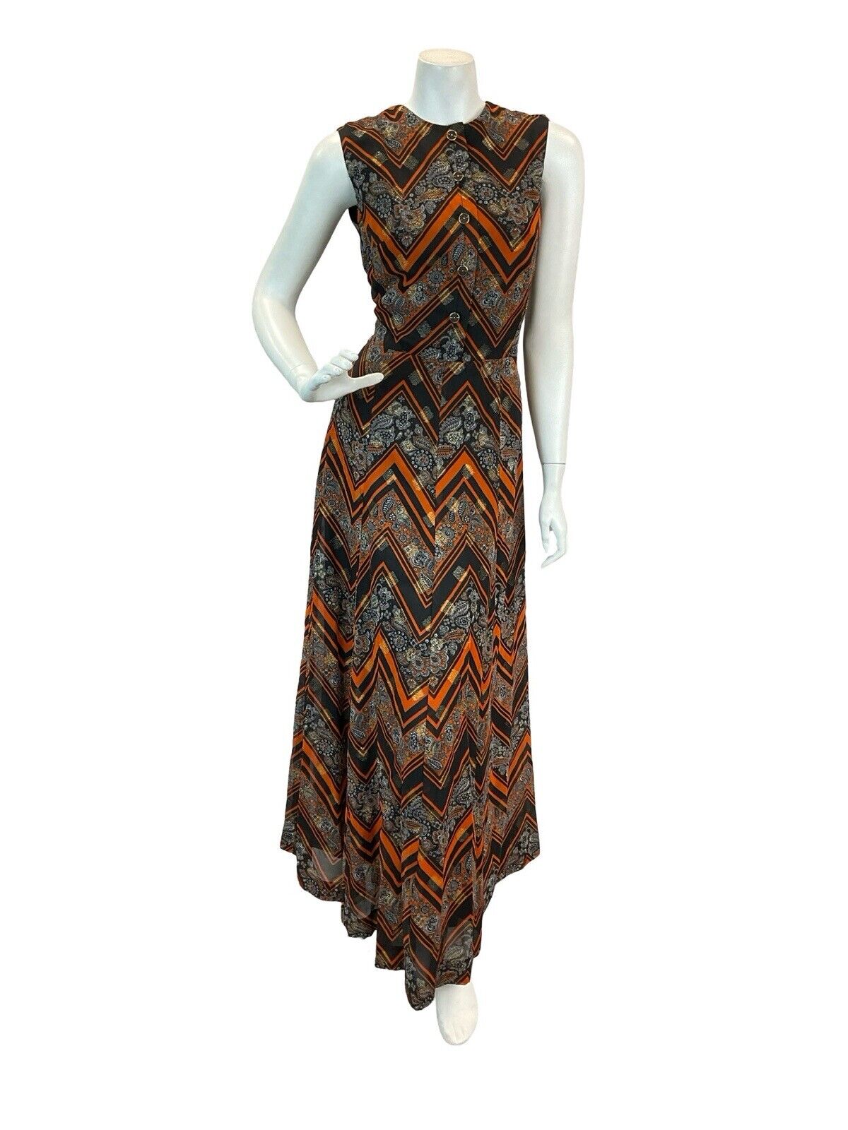 VTG 60S 70S ORANGE BLACK PAISLEY CHEVRON STRIPED FORMAL MAXI DRESS 12