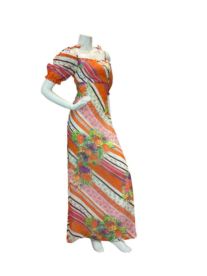 VTG EMPIRE STRIPE FLORAL PSYCHEDELIC MAXI DRESS ORANGE PINK BLUE GREEN YELLOW 8