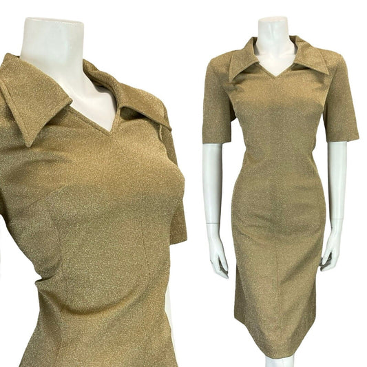 VTG 70S OPEN WING COLLAR GOLD LUREX PARTY SHORT SLEEVED SHIRT DRESS SIZE 12 14