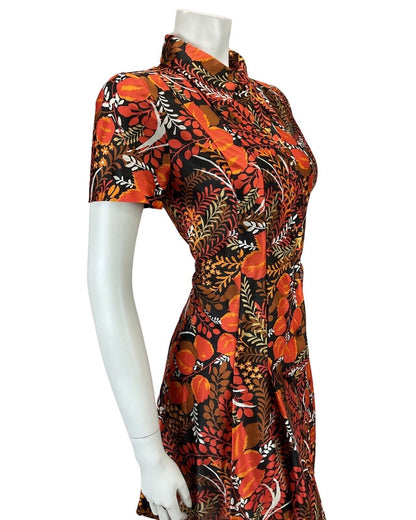 VINTAGE 60s 70s BLACK ORANGE RED FLORAL LEAF PRINT BOHO MOD MINI DRESS 12