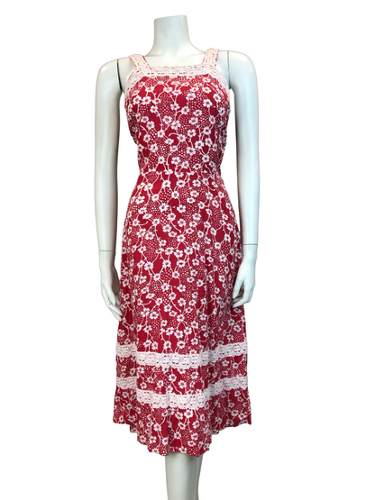 VTG 70S RED WHITE FOLK COTTON FLORAL CROCHET SUMMER SUN DRESS 10 12