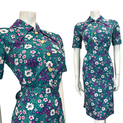 VTG 60S 70S BLUE PINK PURPLE FLORAL DAGGER COLLAR SHIRT DRESS BELT SIZE 10