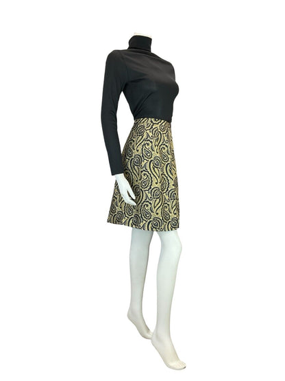 VTG 60S MOD BOHO GOLD BLACK METALLIC PAISLEY PARTY EVENING MINI SKIRT 10