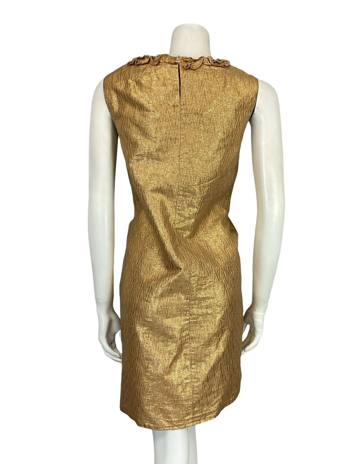 VTG 60S MOD GOLD ZIG ZAG RUFFLE NECK SLEEVELESS MINI SHIFT PARTY DRESS 10