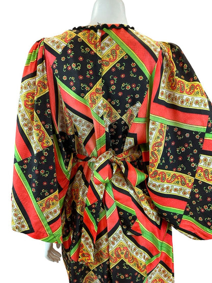 VTG 60S 70S PSYCHEDELIC PAISLEY KAFTAN MAXI DRESS RED GREEN BLACK YELLOW 10-12