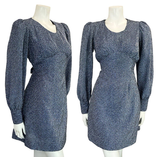 VTG 70S DISCO BLUE LUREX BISHOP SLEEVE TIE WAIST PARTY GLITTERY DRESS SIZE 6 8