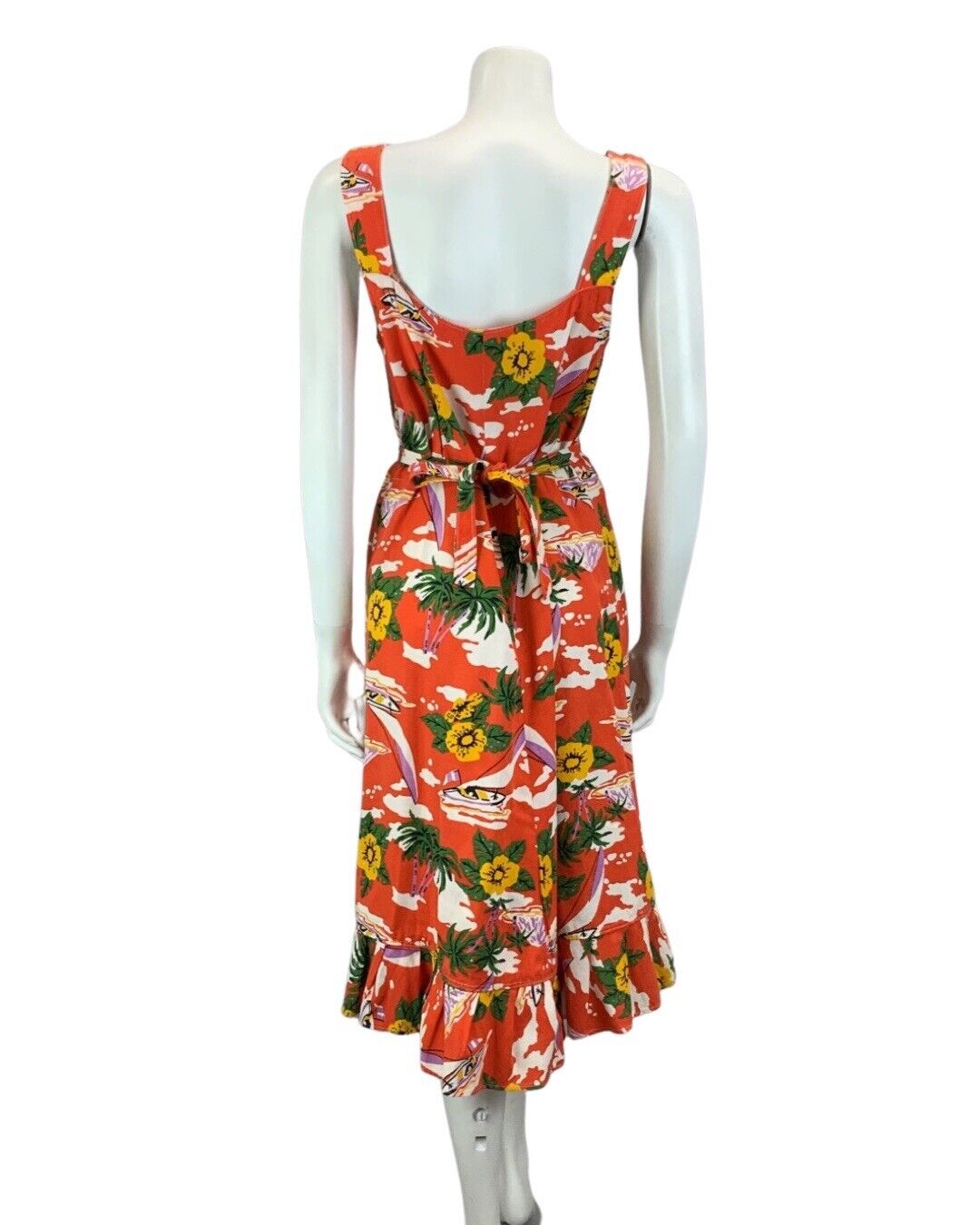 VINTAGE 60s 70s ORANGE YELLOW WHITE GREEN FLORAL PRINT FRILLY MIDI DRESS 12 14