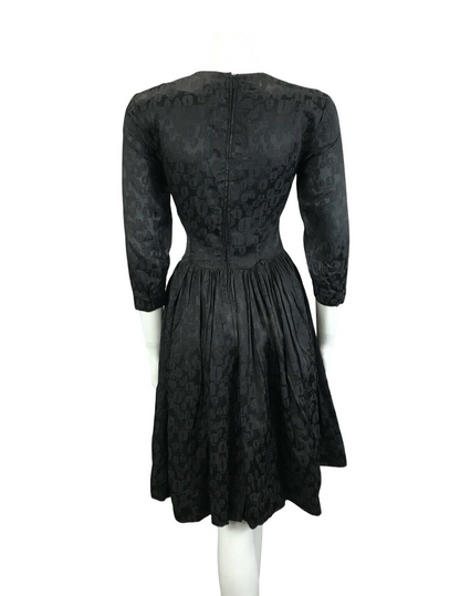 VTG 60S BLACK LEOPARD PRINT BROCADE FITTED DROPPED WAIST BOW PARTY LBD DRESS 6