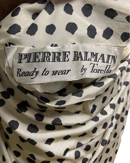 VINTAGE 60s IVORY BLACK POLKA-DOT PIERRE BALMAIN BY TORELLA WIGGLE DRESS 10 12