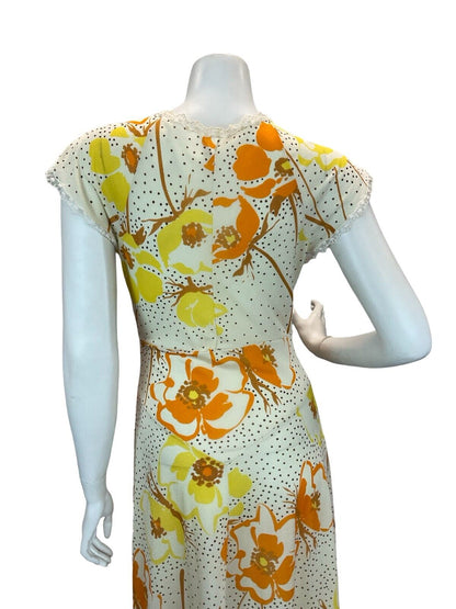 VTG 70S CREAM ORANGE YELLOW FLORAL SUMMER SUN SHEER MAXI DRESS 8 10