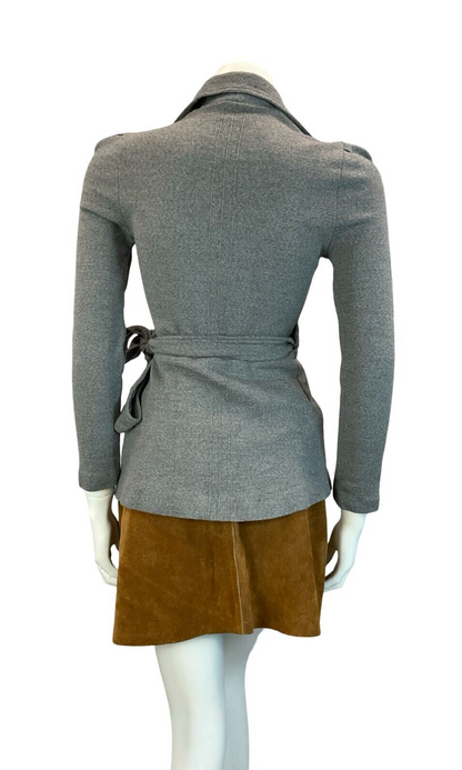 VTG 70S DAGGER COLLAR GREY WRAP AROUND TIE WAIST LONG SLEEVE TOP BLOUSE SIZE 4 6