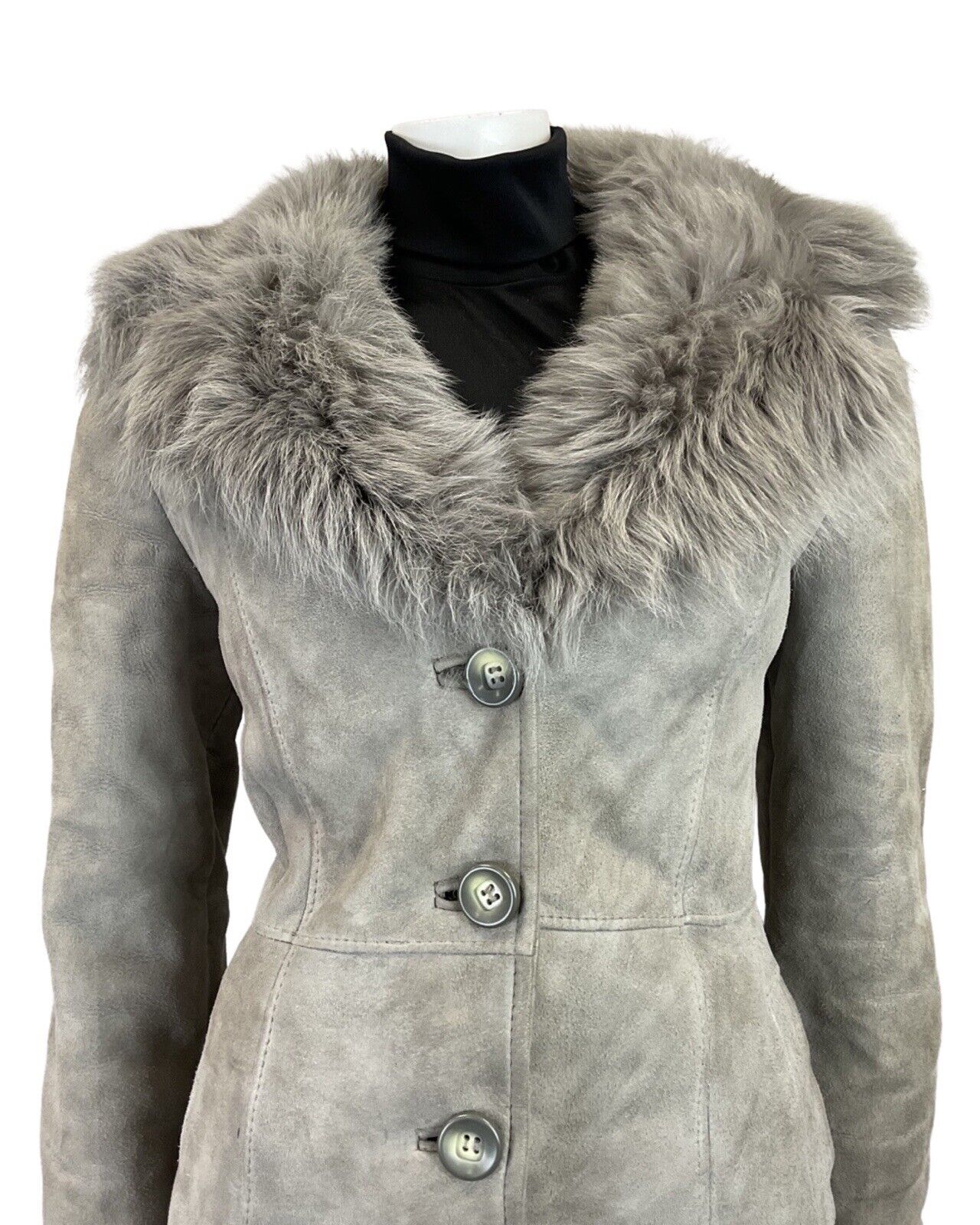 VINTAGE 60s 70s STONE GREY SUEDE LEATHER SHEARLING COLLAR PRINCESS COAT 12 14