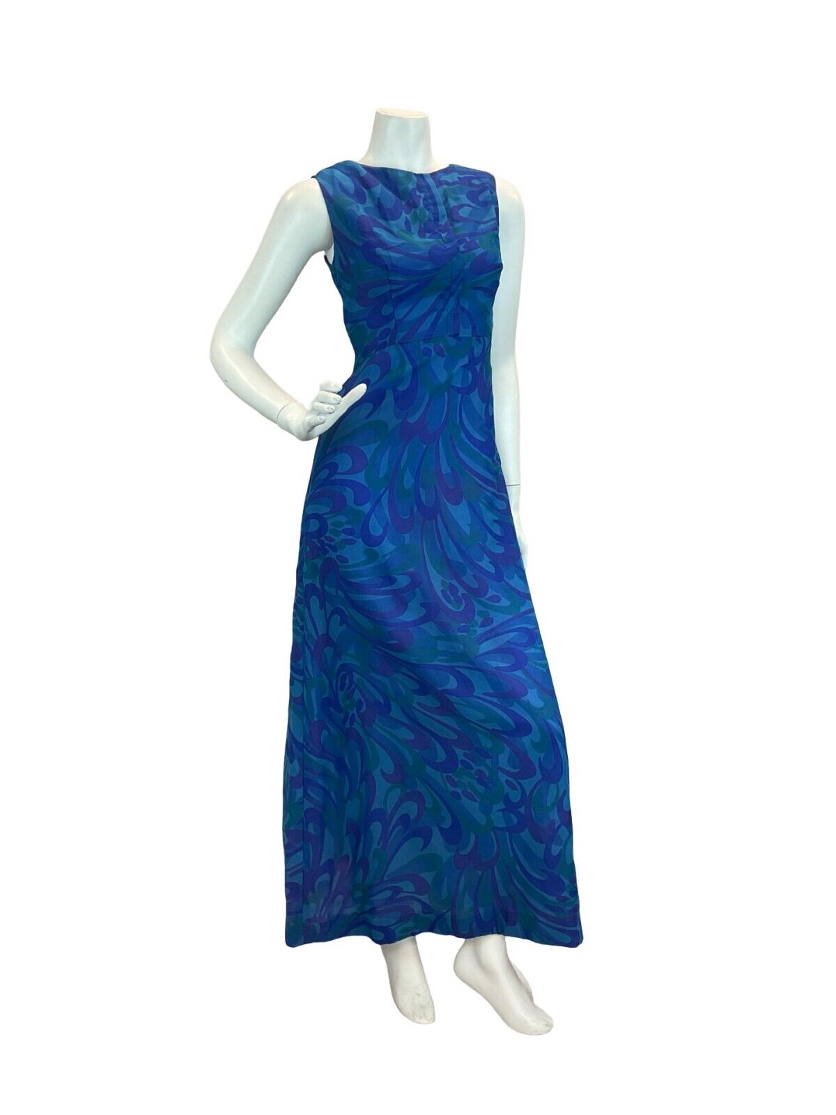 VTG 60S 70S COCKTAIL PARTY PSYCHEDELIC BLUE PURPLE GREEN MAXI DRESS 10 12