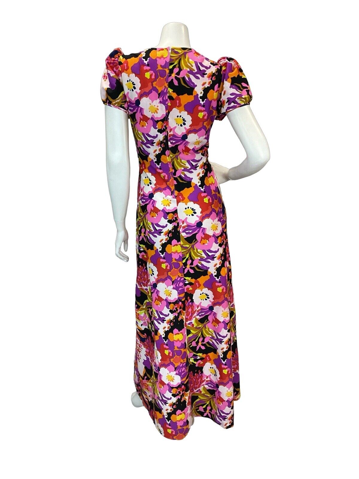 VTG 70S PSYCHEDELIC FLORAL EMPIRE MAXI DRESS PINK PURPLE WHITE ORANGE RED 10 12