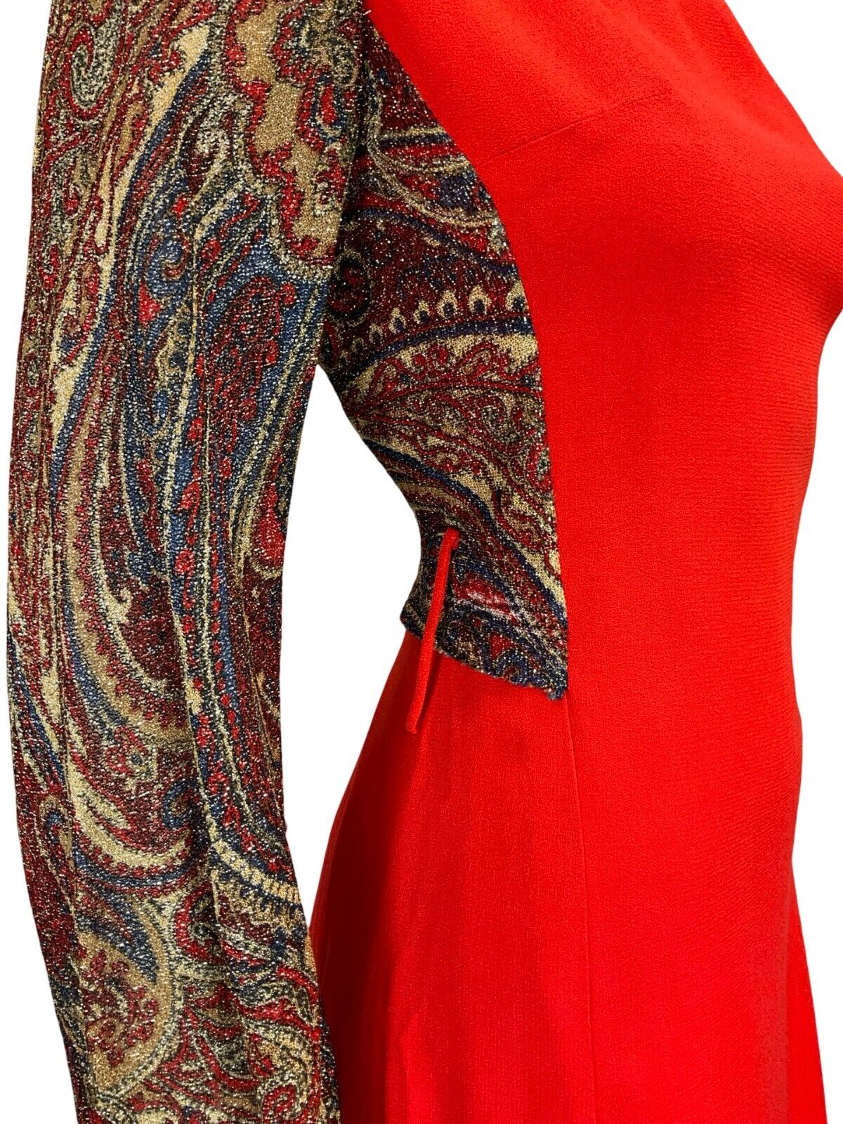 VTG 60S 70S RED CREAM BEADED PSYCHEDELIC PAISLEY LUREX LONG SLEEVE DRESS 4