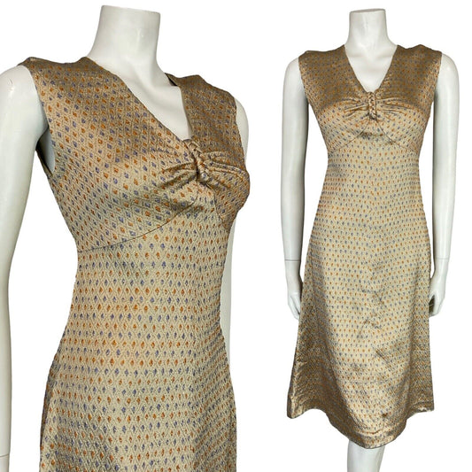 60S GOLD BLUE ORANGE DIAMOND CHECKED SPARKLING PARTY EVENING MIDI DRESS 10