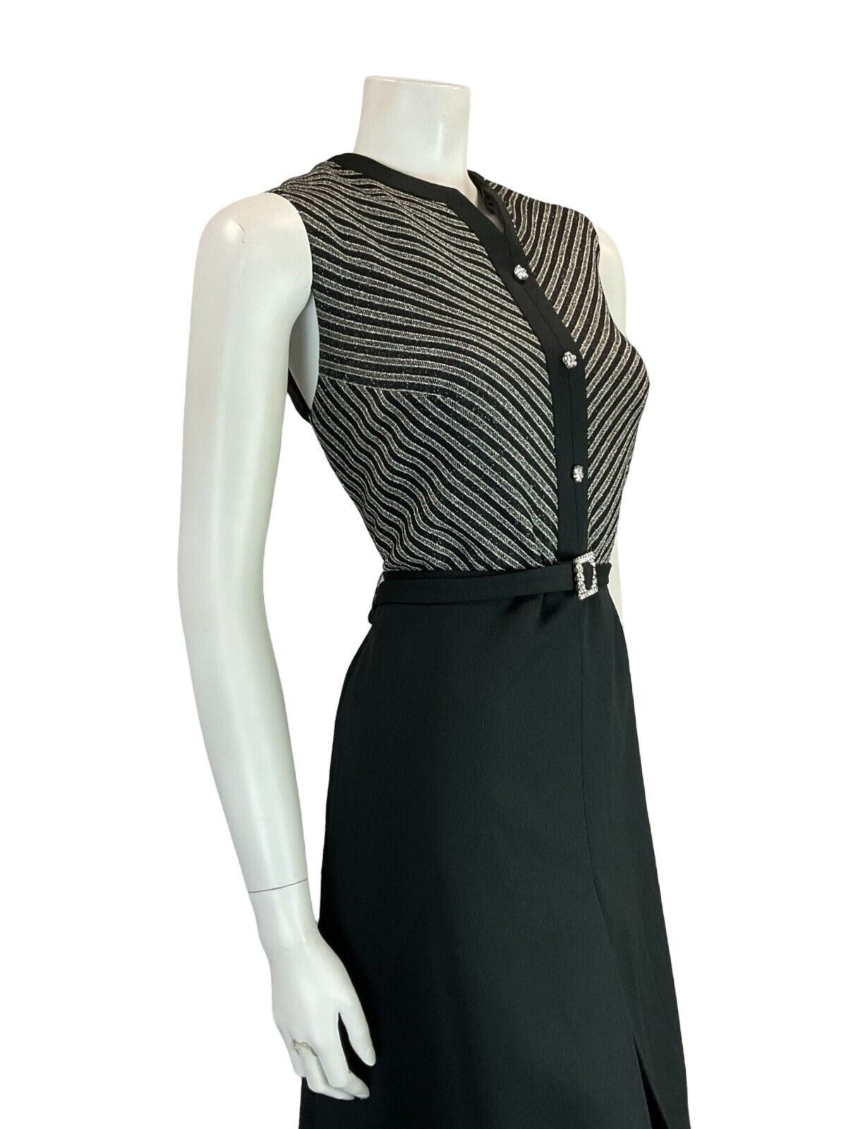 VTG 60S BLACK SILVER STRIPED DIAMANTE PARTY DAISY BUTTON SLEEVELESS DRESS 10 12