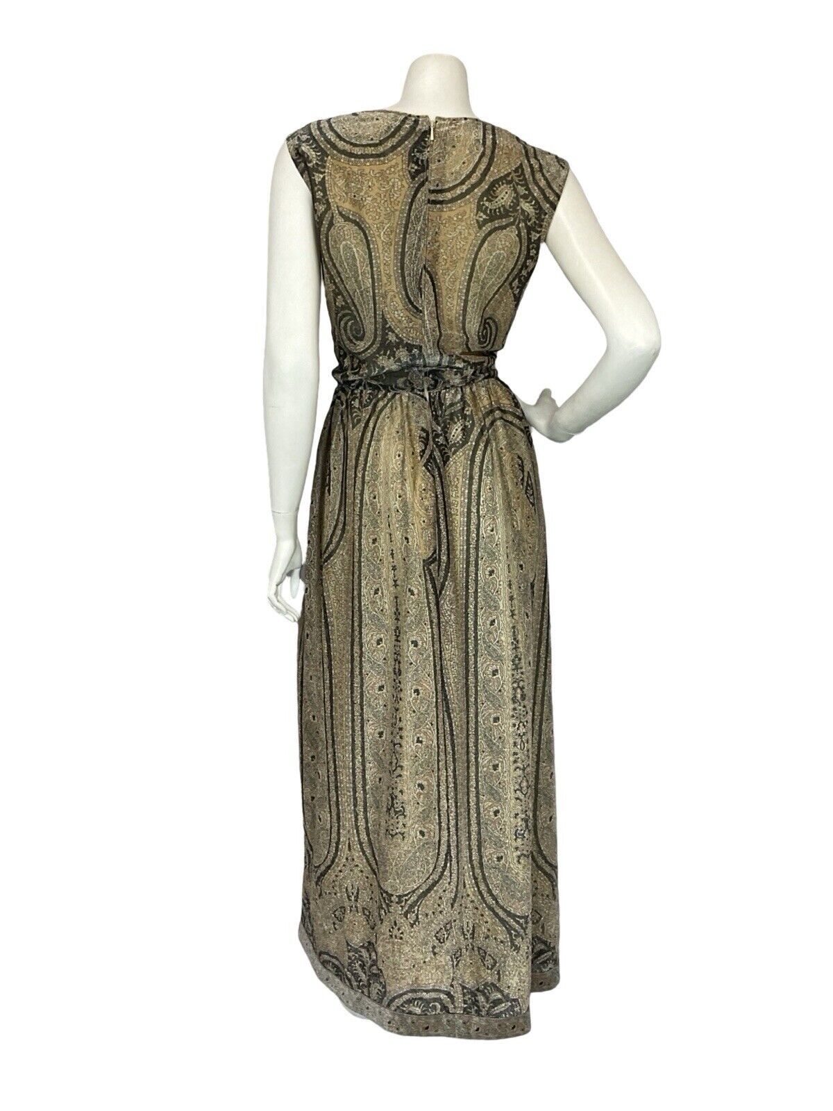 VTG 60S 70S CREAM GOLD BLACK PAISLEY BOHO HIPPY EVENING PARTY MAXI DRESS 12