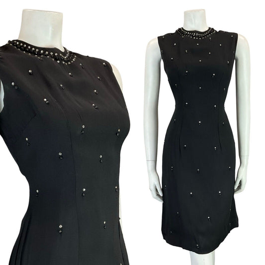 VTG 60S MOD DIAMANTE SLEEVELESS BEADED BLACK PARTY EVENING DRESS 12