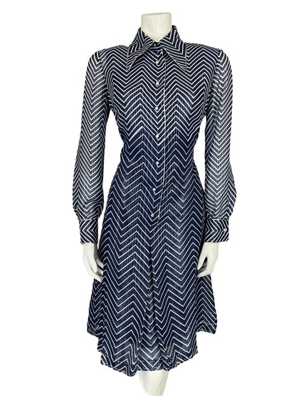 VTG 70S NAVY BLUE WHITE SPARKLE STRIPE DAGGER COLLAR PARTY SHIRT DRESS 12